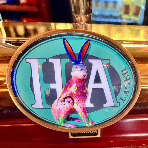 HA Lager beer pump badge at The Hare Arms