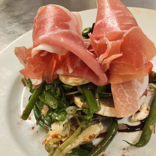 Prosciutto salad with green beans, mushrooms and mixed leaves at The Hare Arms