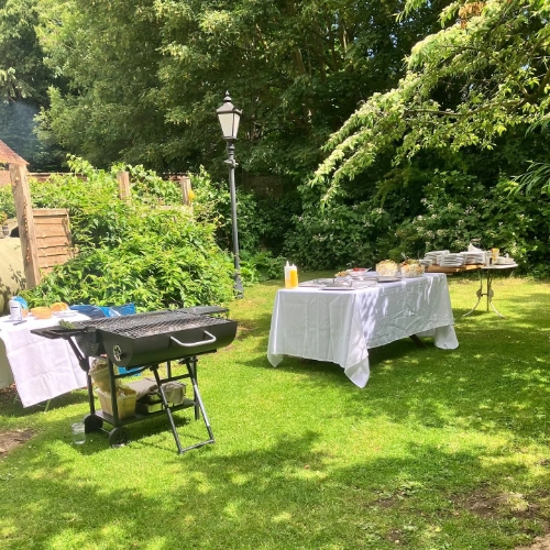 Garden barbecue setup at The Hare Arms country pub